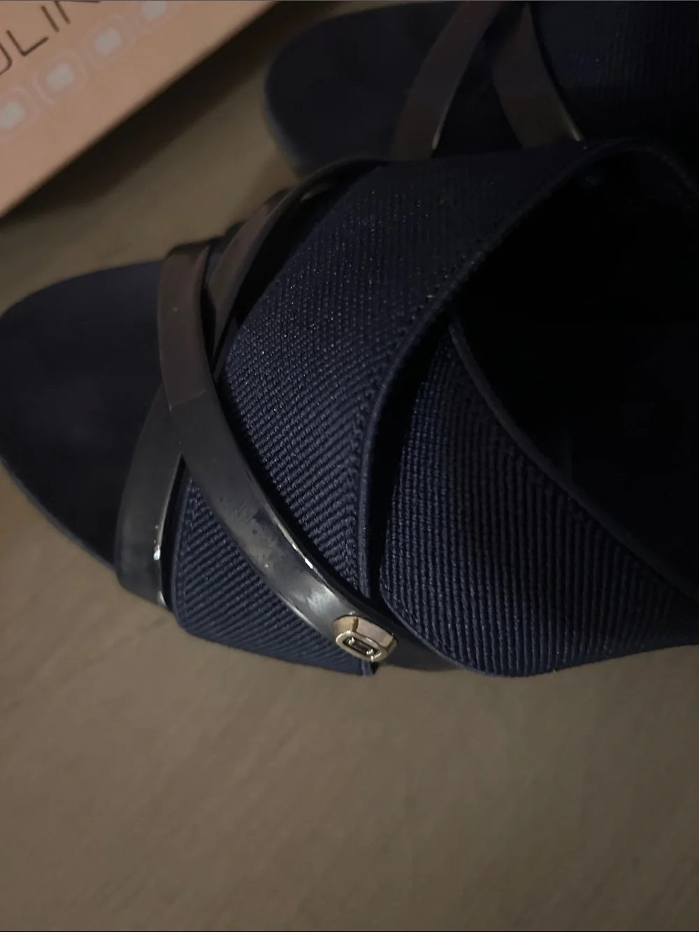 Bandolino Navy Wedge Slide Sandals with Glossy Strap